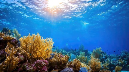Naklejka premium Underwater coral reef scene, sunlit ocean, vibrant colors, diverse marine life, ideal for travel brochures