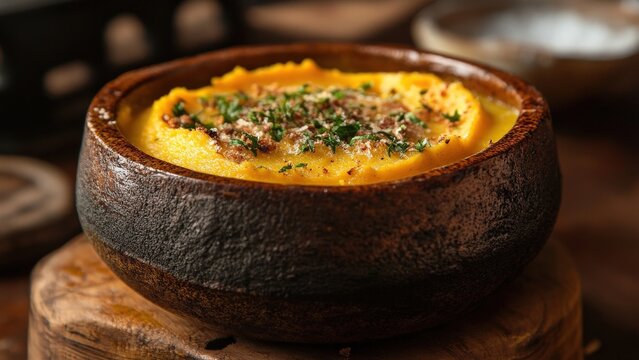 Creamy Pumpkin Polenta in Rustic Bowl