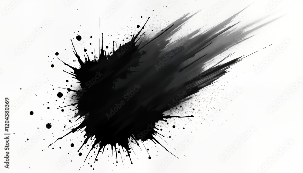 Poster Abstract black paint splatter isolated on transparent background. Intense dark smudge with splatters, drips. Artistic design element. Creative texture. Graphic design element for various uses. Dark