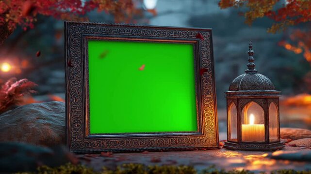 Photo frame mockup with antique ramadan lantern, blurry mosque in the night on the background, Ramadan Islamic concept looping video animation style