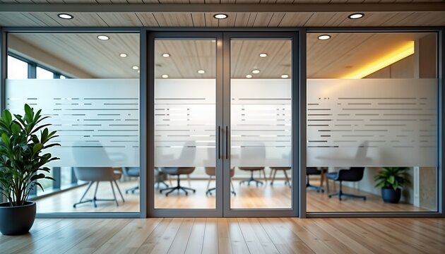 Modern frosted glass door opens into bright contemporary office space. Minimalist etched design on glass. Empty room with comfortable chairs. Interior view new building style. Light wood floor,