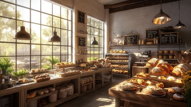 Sunlit Bakery Shop Filled With Freshly Baked Breads And Pastries