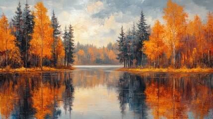 Fototapeta premium Serene autumn landscape with vibrant orange trees reflecting on a calm lake under a cloudy sky