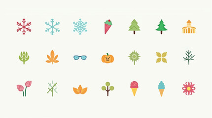  featuring 21 colorful icons representing various seasons and holidays, including snowflakes, trees, leaves, flowers, ice cream cones, a pumpkin, and a church.