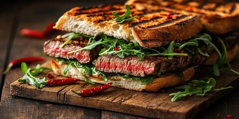 Fototapeta premium Gourmet steak sandwich, rustic wooden board, crusty bread, juicy medium-rare beef slices, fresh arugula, red onion, tomato, artisanal cuisine, food photography, rich colors, textured details, appetizi