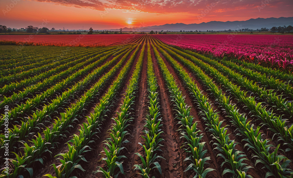 Poster field of corn is shown with a sunset in the background. the sun is setting behind the corn, creating