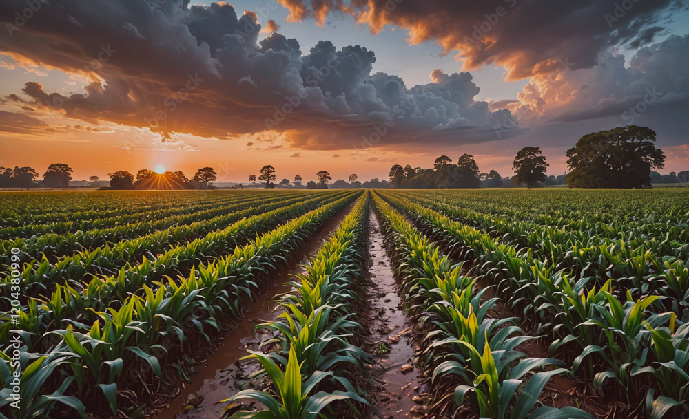 Poster field of corn is shown with a cloudy sky in the background. the sky is orange and the sun is setting