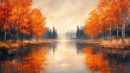 Tranquil autumn landscape with vibrant orange trees reflecting in a serene lake at sunset