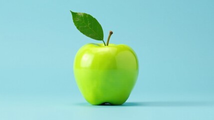 A Vibrant Green Apple with a Single Leaf on a Light Blue Background, Representing Freshness and Health