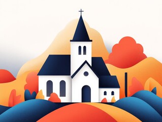 Naklejka premium Picturesque white church with a steeple set against vibrant autumnal hues, radiating tranquility, spiritual connection, and rural charm for serene landscape illustrations