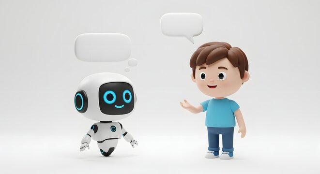 White AI Robot and Boy conversating 