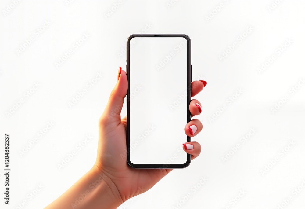 Leinwandbilder Female hand holds modern smartphone with empty screen. Device mockup on plain background. Image suitable for tech advertising apps. Hand holds device horizontally. Blank screen offers space for