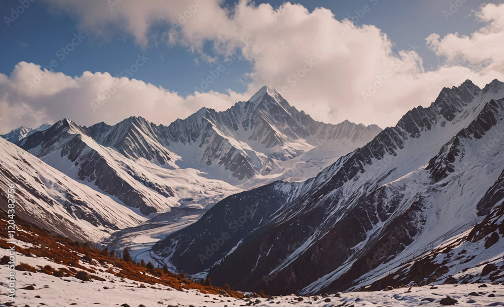 Poster the mountains are covered in snow and the sky is cloudy. the mountains are very tall and the snow is