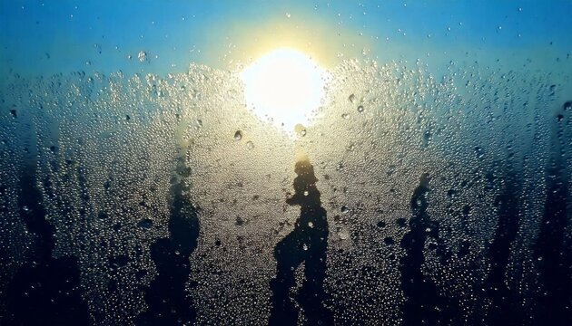 Sunrise closeup view of foggy glass surface covered in condensation, illuminated by warm back light, showcasing high humidity levels with numerous water drops sparkling delicately in morning glow.

