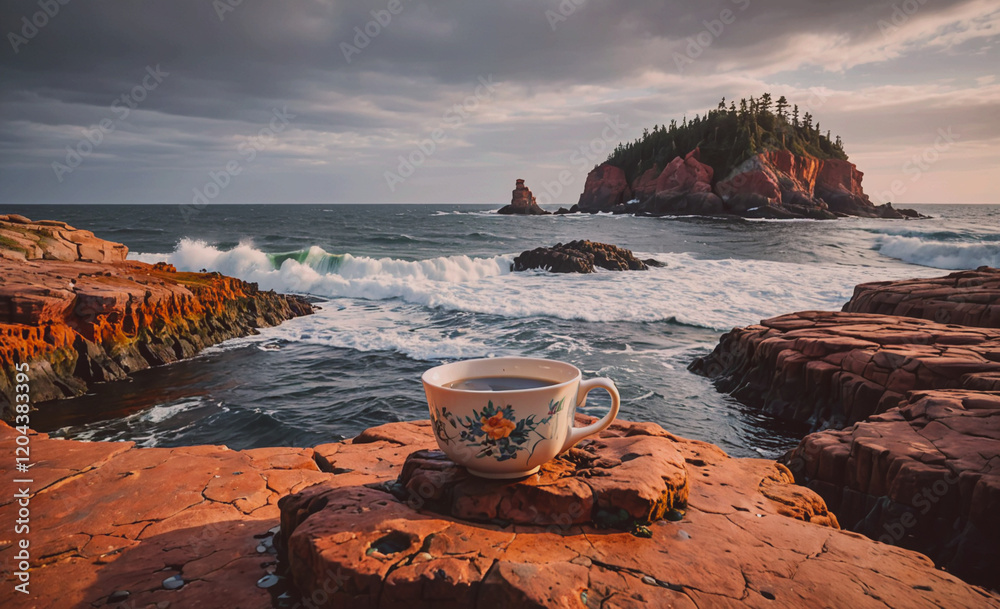 Aufkleber cup of coffee is sitting on a rock near the ocean. the scene is serene and peaceful, with the waves 