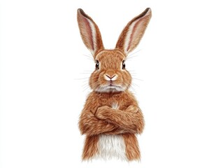 Realistic brown hare with folded arms in a humorous pose, set against a light background, emphasizing the animal’s confident personality and quirky charm with high detail and texture