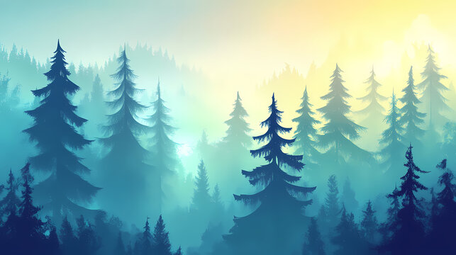 A tranquil forest scene shrouded in mist, showcasing tall trees fading into a soft light, perfect for nature lovers. Dream Forest. Illustration
