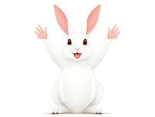 Obraz premium Excited white bunny with raised arms and a wide grin in a joyful celebration pose, expressing energy, happiness, and festive cheer on a plain white background