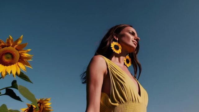 Woman in a recycled linen maxi dress standing among blooming sunflowers under a clear sky

