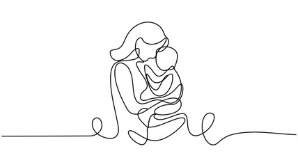 Happy Mother day card Continuous one line drawing  Woman hold her baby, One single line drawing of young happy mom raising and turning her daughter around up in the air at home vector illustration