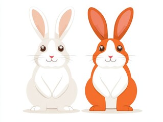Obraz premium Two adorable bunnies with contrasting fur textures sitting upright, radiating harmony and connection against a clean white background in a simple, elegant illustration