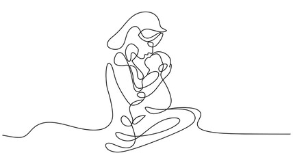 Happy Mother day card Continuous one line drawing  Woman hold her baby, One single line drawing of young happy mom raising and turning her daughter around up in the air at home vector illustration