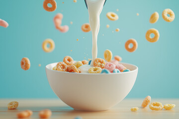 Full bowl of vibrant colorful cereal fruity loops cornflakes breakfast with pouring milk close up. Nutrition concept background.