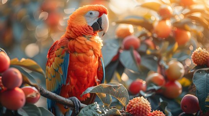 Beautiful closeup of a multi colored parrot sitting on a branch in garden full of fruits
