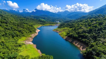 Mountain lake reservoir aerial view, lush green landscape, hydroelectric power plant. Nature travel backdrop
