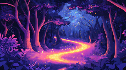 Enchanted forest path glowing with magical light. Dream Forest. Illustration