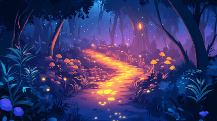 Enchanted forest path glowing with magical light. Dream Forest. Illustration