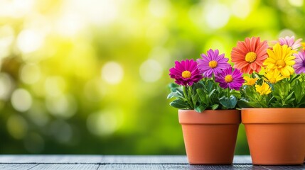 Colorful Flowers in Terracotta Pots - Vibrant blooms in terracotta pots symbolize growth, beauty, nature, spring, and new beginnings. A cheerful scene perfect for home or garden.