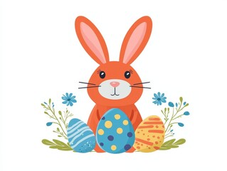 Cute orange bunny surrounded by painted Easter eggs and floral accents on a clean white background, perfect for cheerful and colorful seasonal designs or Easter themed decor