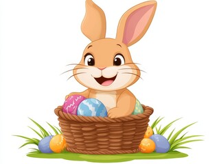 Happy cartoon bunny sitting in a wicker basket filled with painted Easter eggs and greenery, combining vibrant colors with cheerful springtime energy for holiday themed visuals