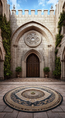 Obraz premium Gothic architecture, A high-fidelity PNG image of a realistic Gothic castle courtyard, showcasing intricate architectural details and atmospheric setting.