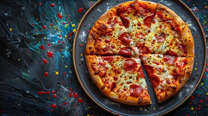 Tempting pizza placed on baking tray against dark background