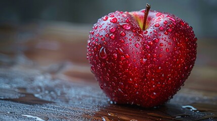 Closeup of a red apple with water droplets on it placed on watery surface