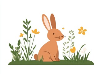 Simple illustration of two rabbits in a grassy area surrounded by blooming flowers, conveying peaceful springtime vibes, ideal for minimalistic nature art or holiday themed designs