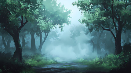Lush evergreen trees surrounded by misty fog create a serene forest landscape. Dream Forest. Illustration