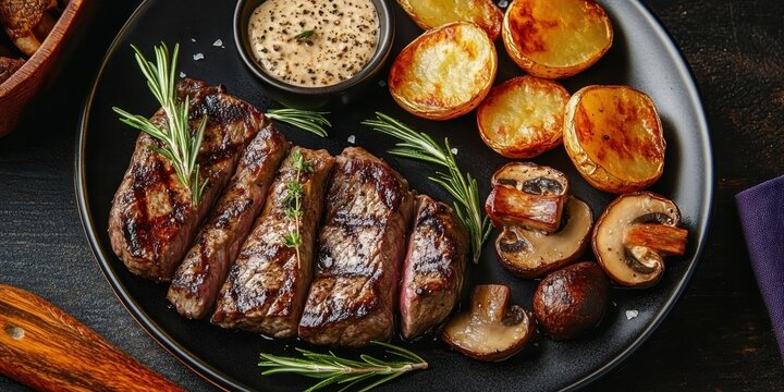 Juicy grilled ribeye steak, seared mushrooms, roasted lemon slices, rosemary sprigs, cast iron skillet, rustic wooden table, moody lighting, food photography, high contrast, mouthwatering, gourmet cui