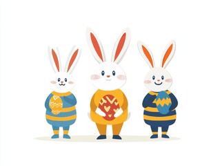 Fototapeta premium Whimsical trio of cartoon rabbits holding colorful Easter eggs with playful expressions against white background, ideal for seasonal illustrations and cheerful Easter designs