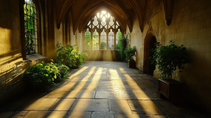 Fototapeta premium Gothic architecture, A serene courtyard set in a Gothic architectural style, featuring cloisters that enhance the tranquil atmosphere of the setting.