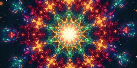 Fototapeta premium Abstract Vibrant Kaleidoscope A Symmetrical Design of Interlocking Jewel-Toned Patterns Featuring a Central Radiant Glow