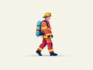 Professional firefighter in vibrant gear walking purposefully, showcasing courage and safety, ideal for emergency service illustrations and occupational themes