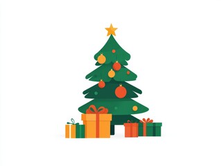 Decorated Christmas tree with twinkling lights, golden ornaments, and colorful presents underneath, highlighting festive traditions, holiday spirit, and seasonal joy in a vibrant illustration