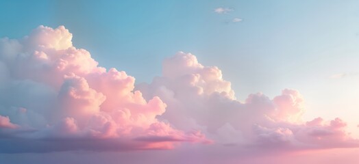Soft pastel sunset sky background with fluffy clouds. Romantic, dreamy atmosphere. Beautiful pink, purple hues create calming sky scenery. High above view of cloud formations. Perfect evening dawn