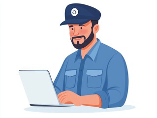 Creative vector of a courier in a cap working on a laptop, showcasing logistics efficiency, modern delivery solutions, and technology driven productivity in a professional and vibrant style