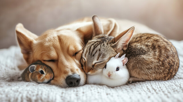 Doggy, kitty, bunny, and friends are sleeping together. So cute!