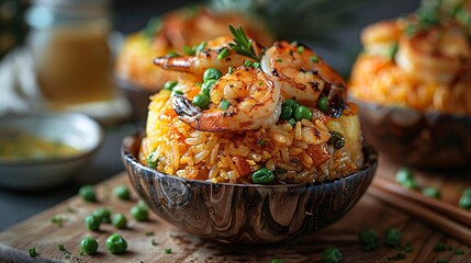 A delicious wooden bowl filled with some rice and covered by cooked prawns and herbs placed on wooden board