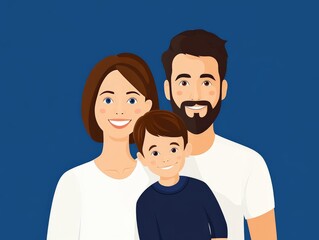 Fototapeta premium Family of three smiling warmly against a blue background, symbolizing love, unity, and emotional connection in a clean and modern vector portrait illustration
